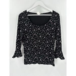 Vintage Susan Lawrence Blouse Womens Large Black Floral Round Neckline Ruffles